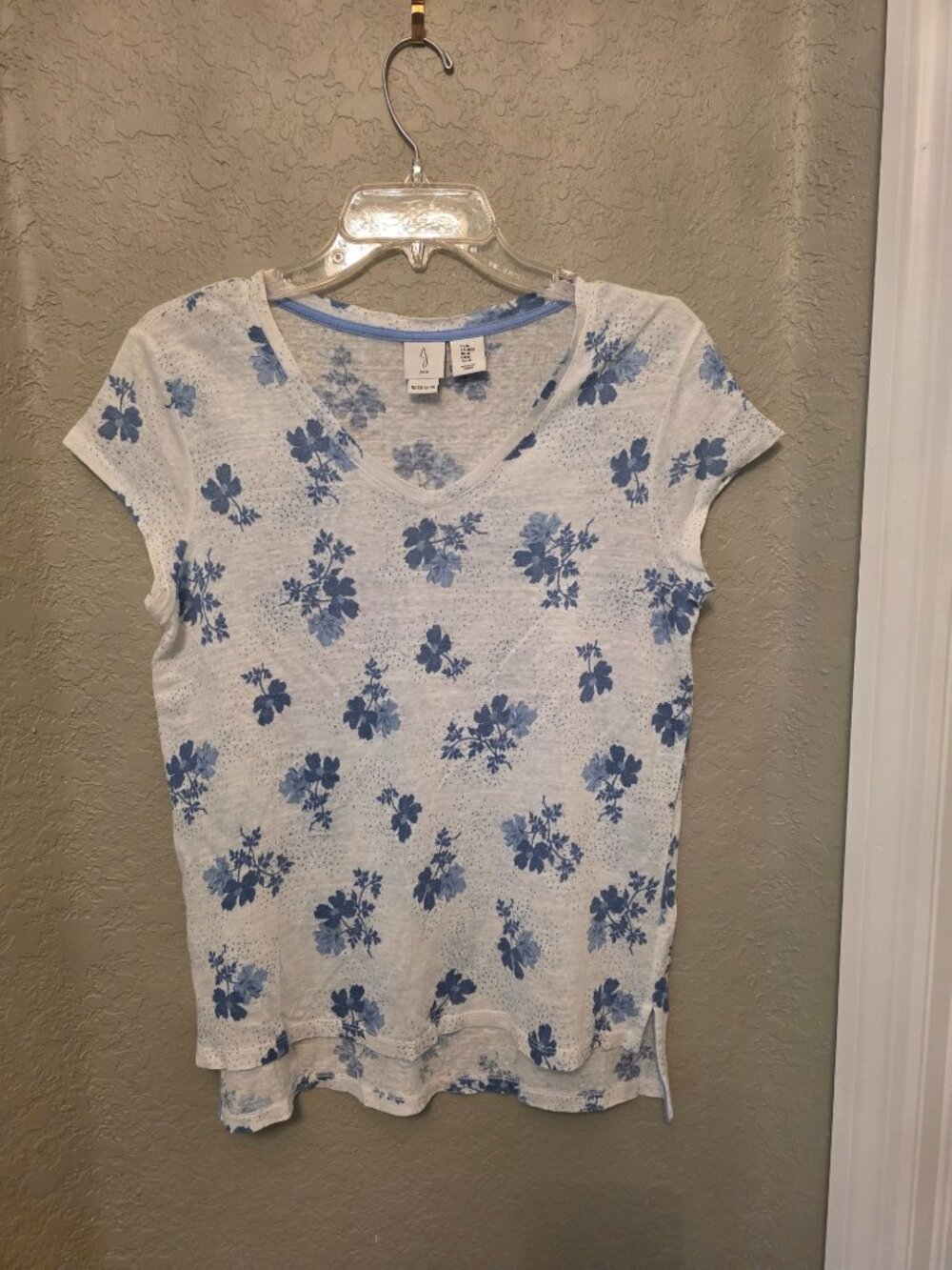 Joie 100% Linen Blue White Floral Short Sleeve T Shirt M EUC